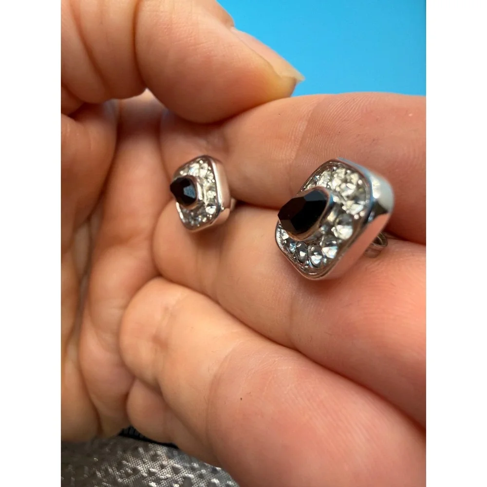 Attwood & Sawyer A&S Vintage Silver Tone Black Marquise Rhinestone Stud Earrings